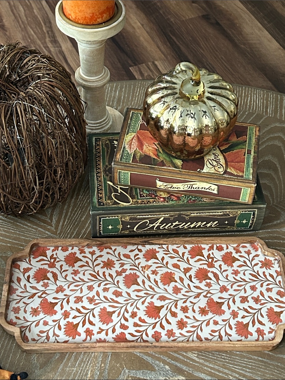 NEW! Fall Autumn Harvest Rustic Orange Floral Wood & Enamel Serving Tray